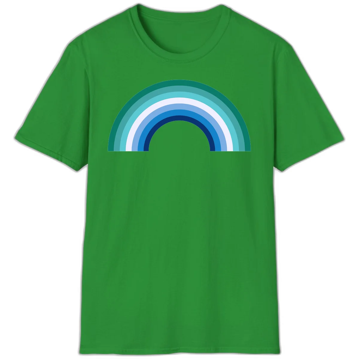 Concentric rainbow arcs design featuring nested semicircles in teal, cyan, white, and blue gradient layers in Irish Green