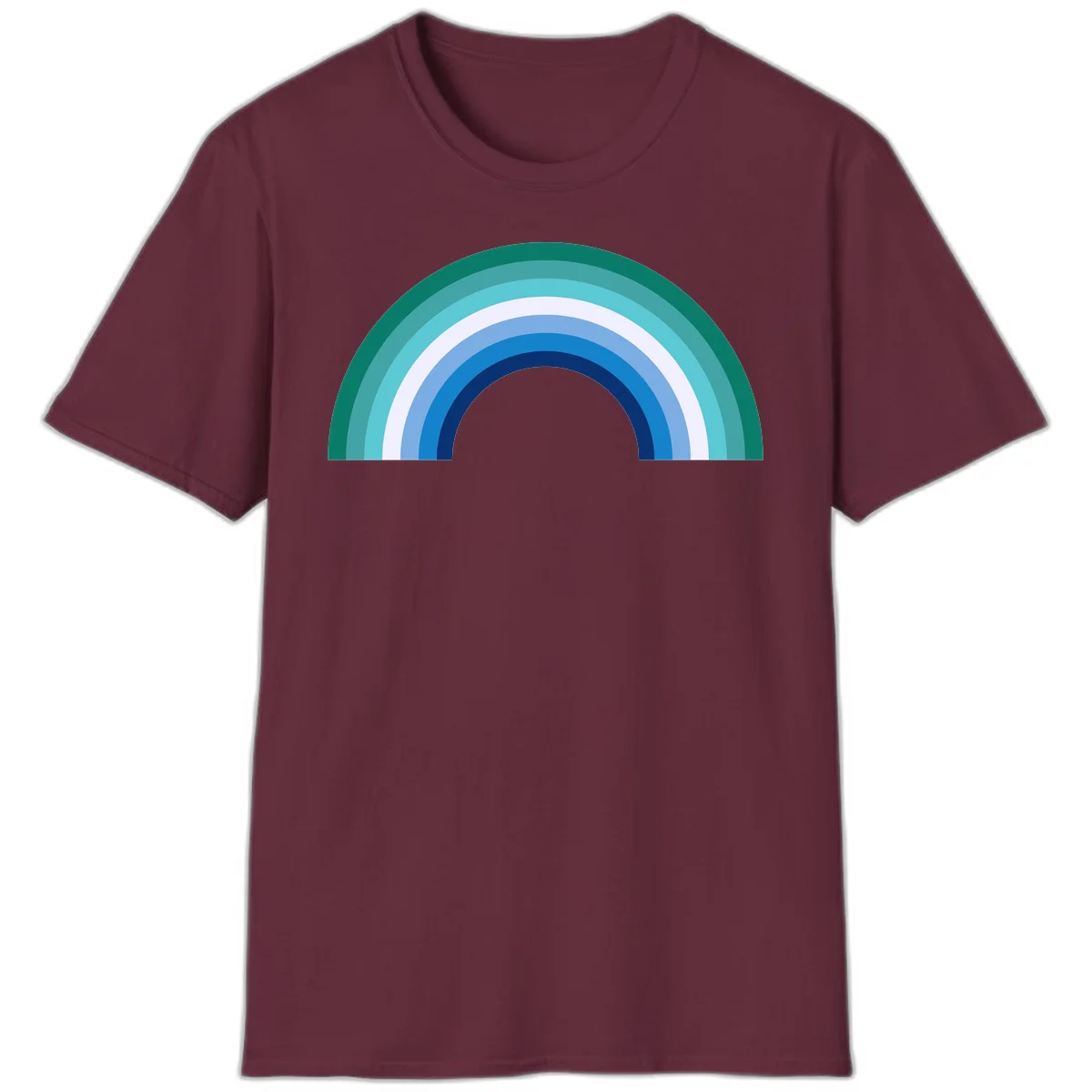 Concentric rainbow arcs design featuring nested semicircles in teal, cyan, white, and blue gradient layers in Maroon