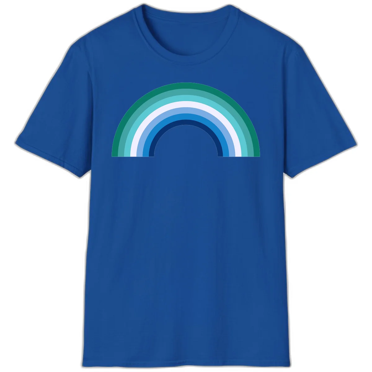 Concentric rainbow arcs design featuring nested semicircles in teal, cyan, white, and blue gradient layers in Royal