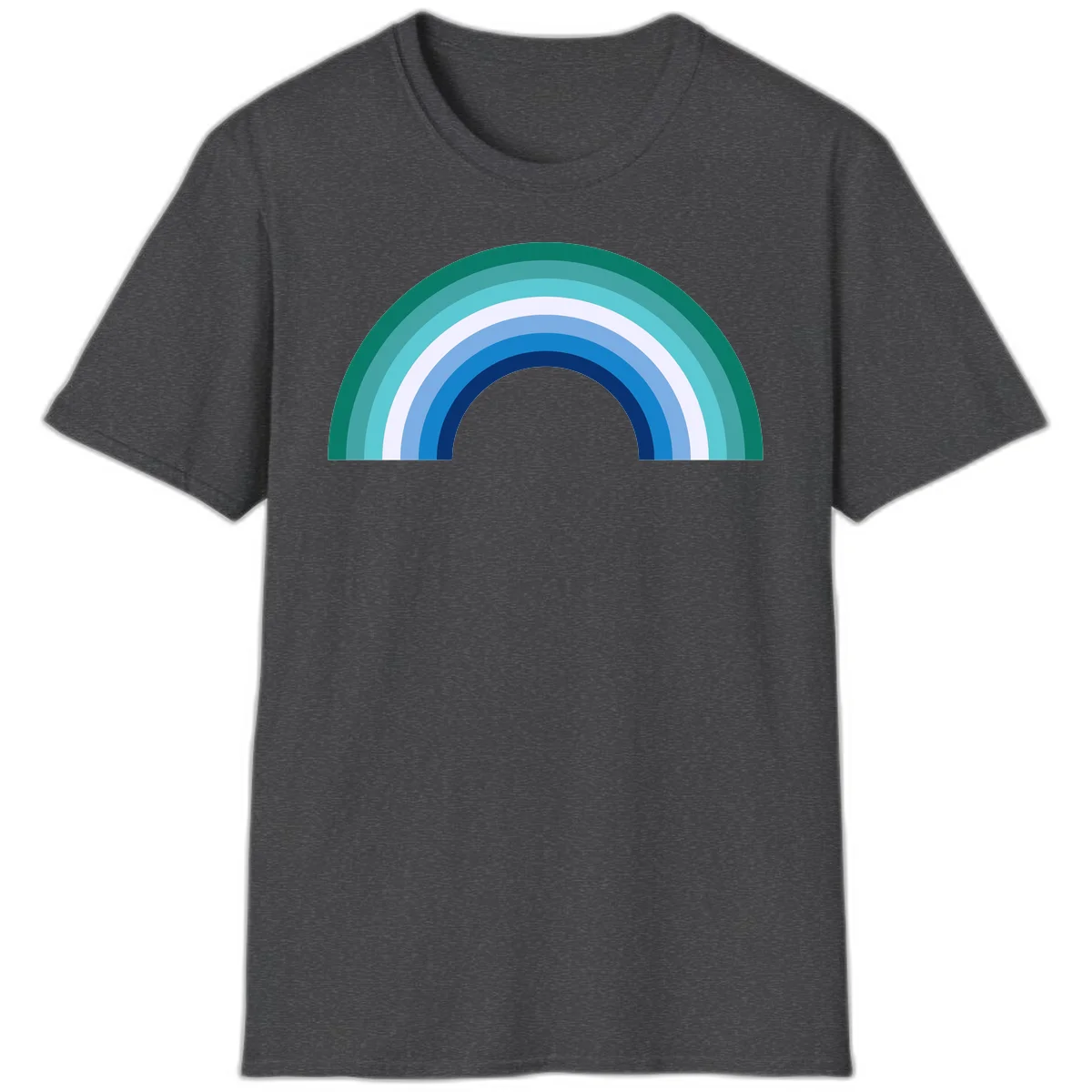 Concentric rainbow arcs design featuring nested semicircles in teal, cyan, white, and blue gradient layers in Dark Heather