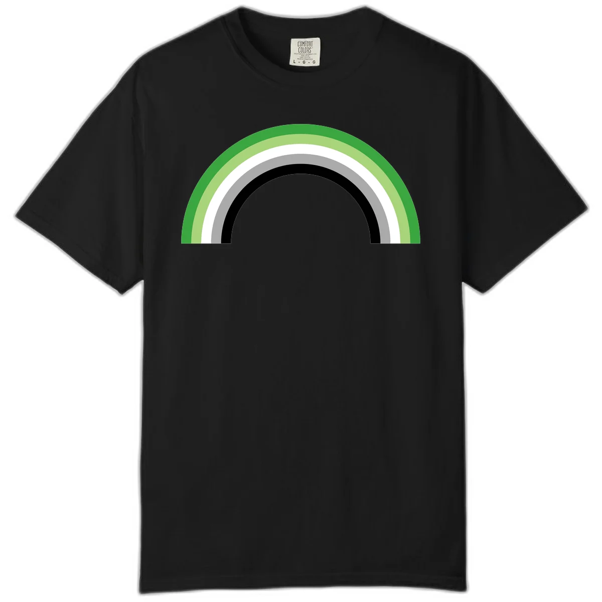 Minimalist rainbow arc design with five concentric colored semicircles in green, light green, white, gray, and black stripes in Black