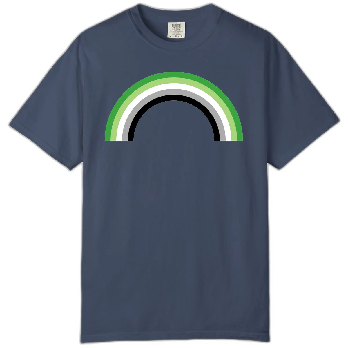 Minimalist rainbow arc design with five concentric colored semicircles in green, light green, white, gray, and black stripes in Midnight