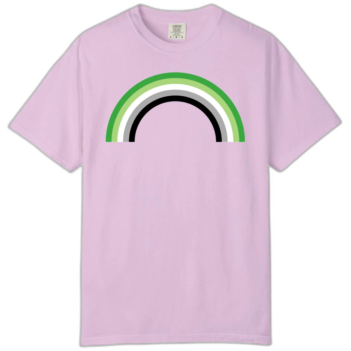 Minimalist rainbow arc design with five concentric colored semicircles in green, light green, white, gray, and black stripes in Orchid