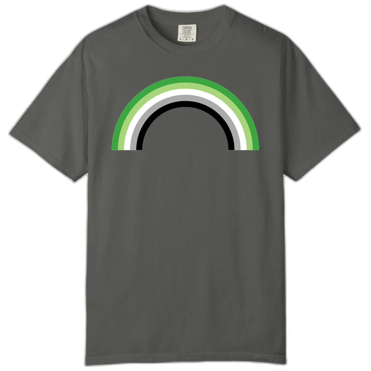 Minimalist rainbow arc design with five concentric colored semicircles in green, light green, white, gray, and black stripes in Pepper