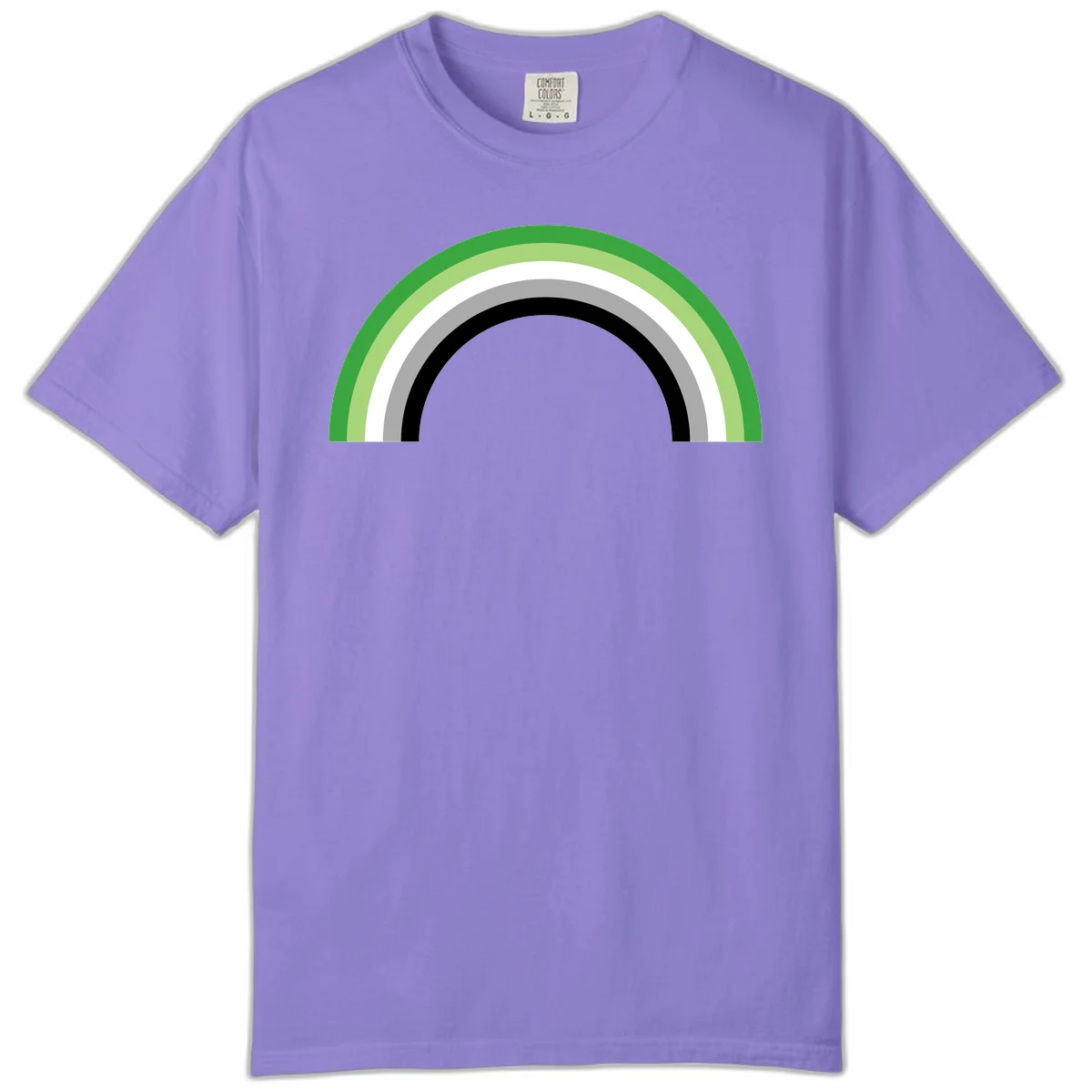 Minimalist rainbow arc design with five concentric colored semicircles in green, light green, white, gray, and black stripes in Violet