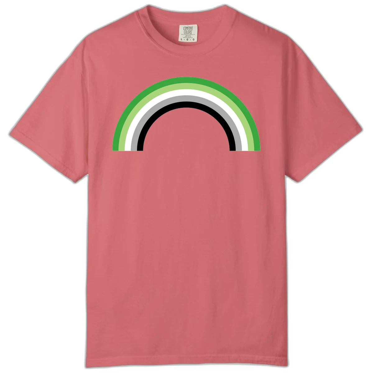 Minimalist rainbow arc design with five concentric colored semicircles in green, light green, white, gray, and black stripes in Watermelon