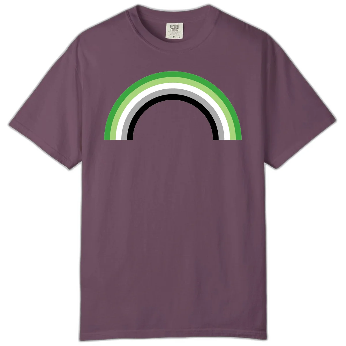 Minimalist rainbow arc design with five concentric colored semicircles in green, light green, white, gray, and black stripes in Berry