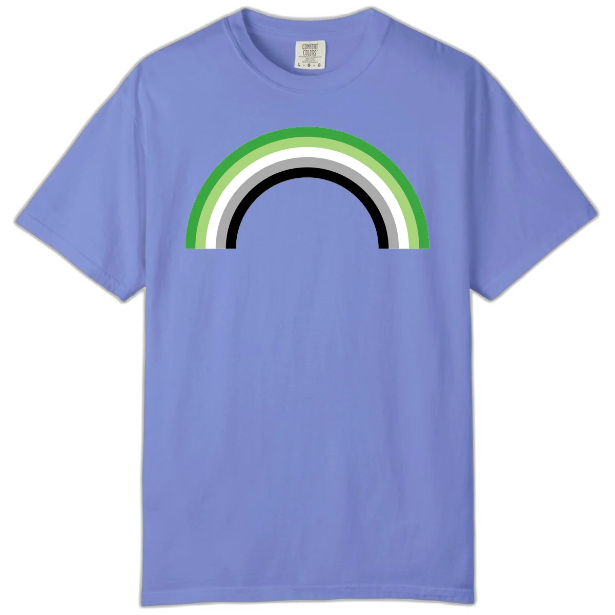 Minimalist rainbow arc design with five concentric colored semicircles in green, light green, white, gray, and black stripes in Flo Blue