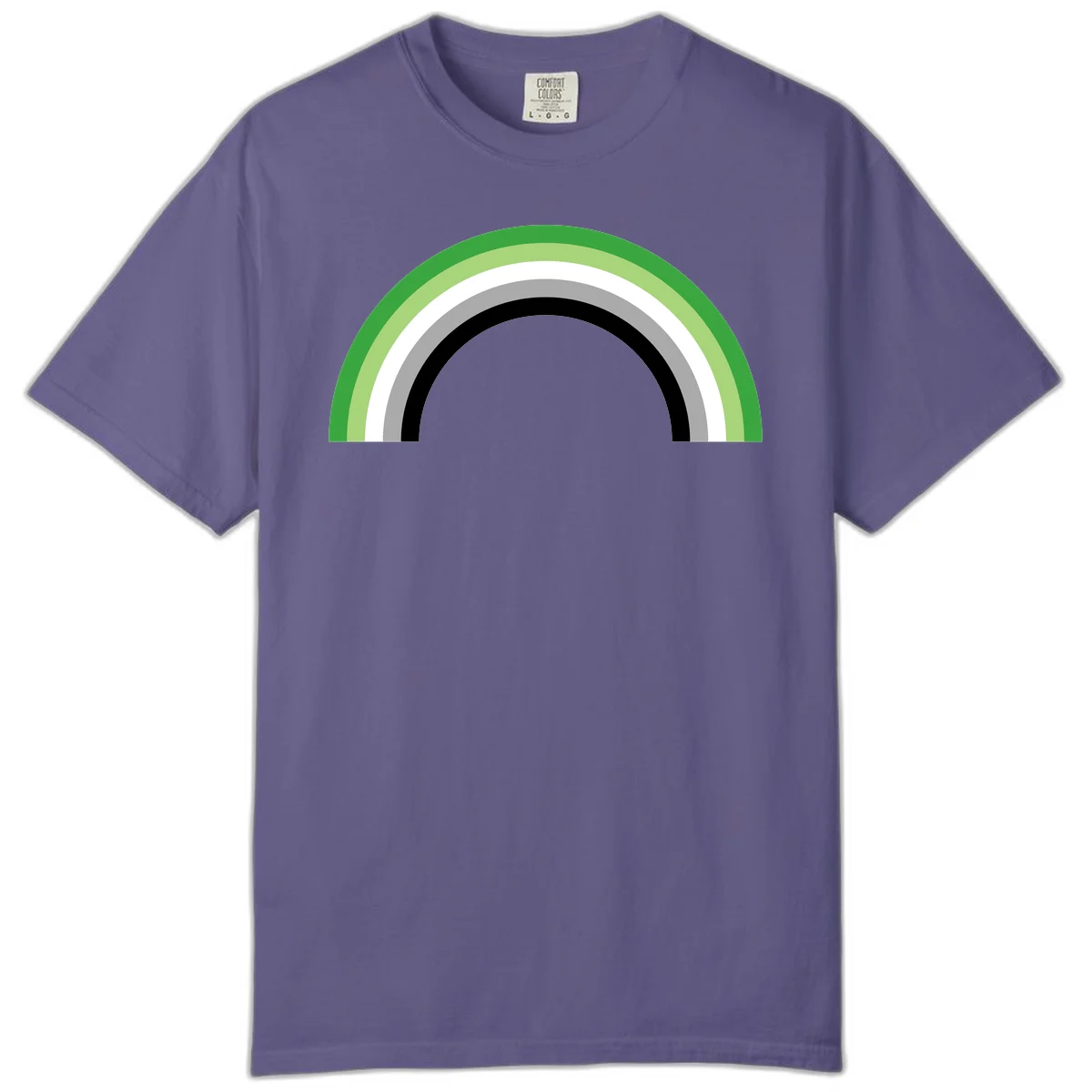Minimalist rainbow arc design with five concentric colored semicircles in green, light green, white, gray, and black stripes in Grape