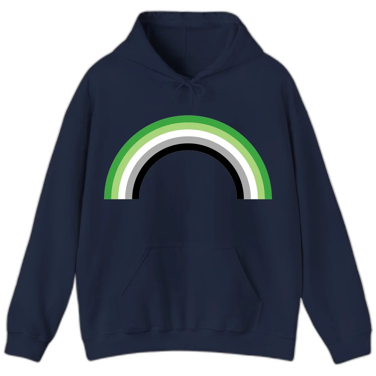 Minimalist rainbow arc design with five concentric colored semicircles in green, light green, white, gray, and black stripes in Navy