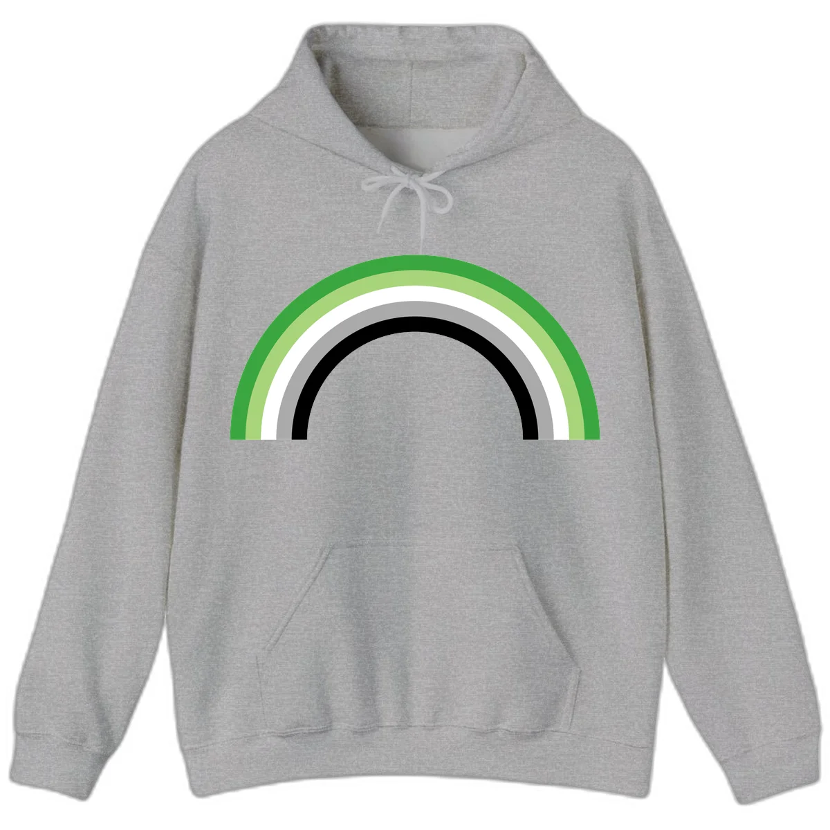 Minimalist rainbow arc design with five concentric colored semicircles in green, light green, white, gray, and black stripes in Sport Grey