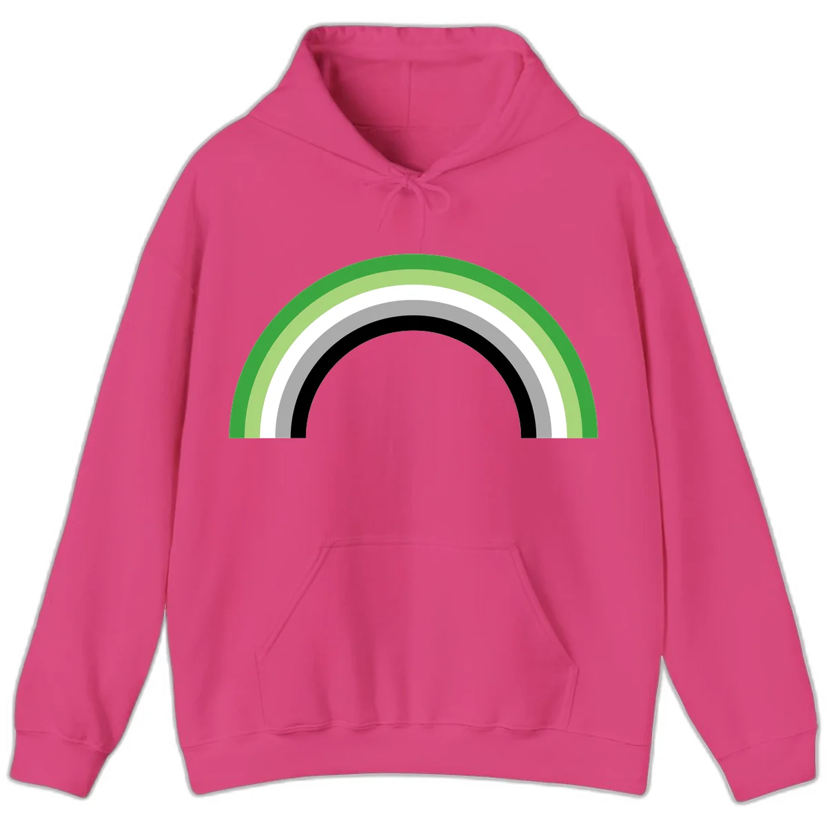 Minimalist rainbow arc design with five concentric colored semicircles in green, light green, white, gray, and black stripes in Heliconia