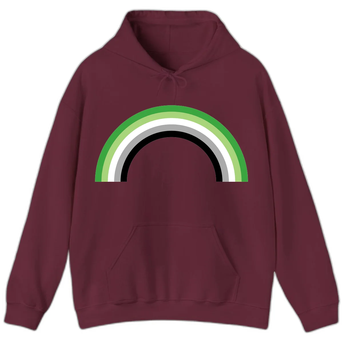 Minimalist rainbow arc design with five concentric colored semicircles in green, light green, white, gray, and black stripes in Maroon