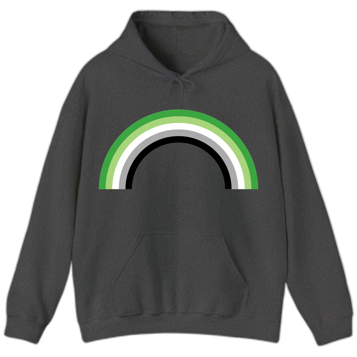 Minimalist rainbow arc design with five concentric colored semicircles in green, light green, white, gray, and black stripes in Dark Heather