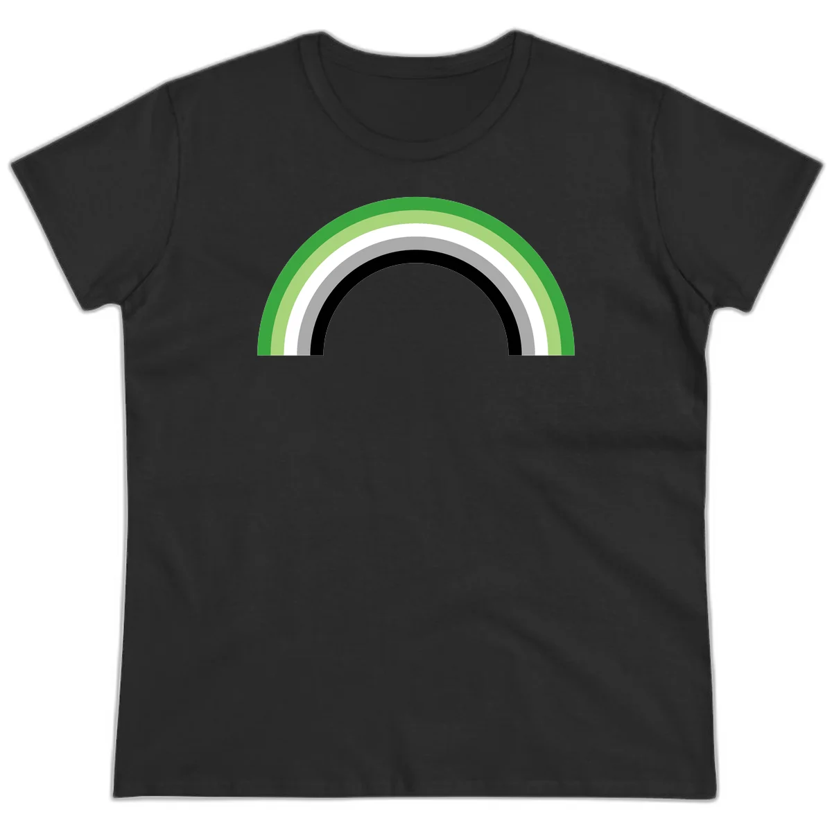 Minimalist rainbow arc design with five concentric colored semicircles in green, light green, white, gray, and black stripes in Black