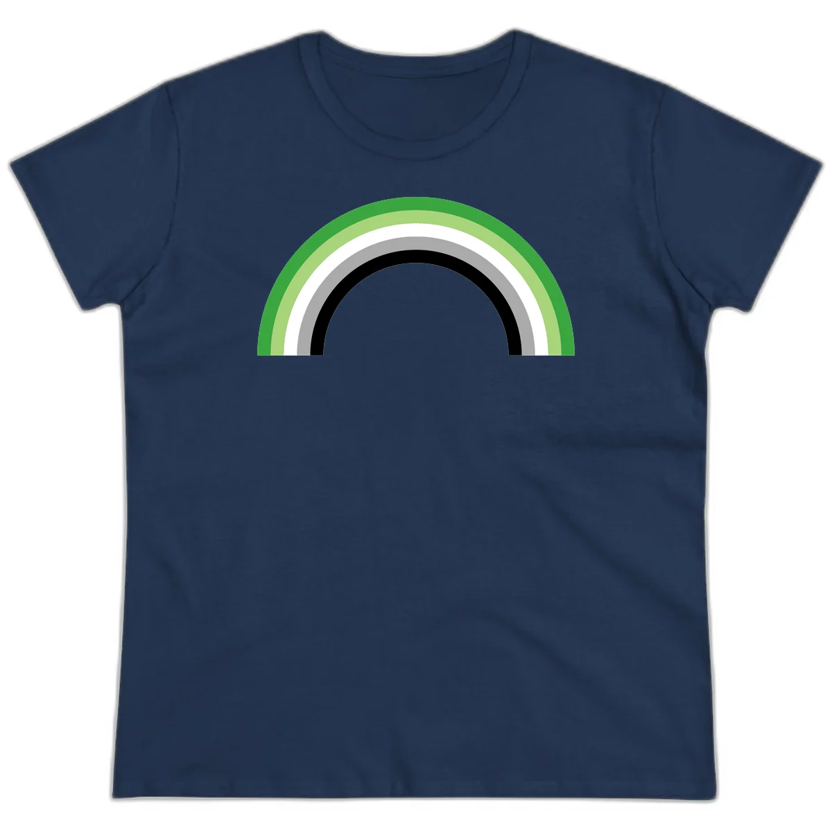 Minimalist rainbow arc design with five concentric colored semicircles in green, light green, white, gray, and black stripes in Navy
