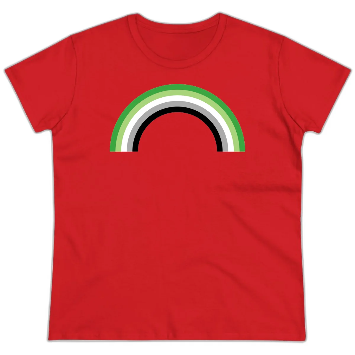 Minimalist rainbow arc design with five concentric colored semicircles in green, light green, white, gray, and black stripes in Red