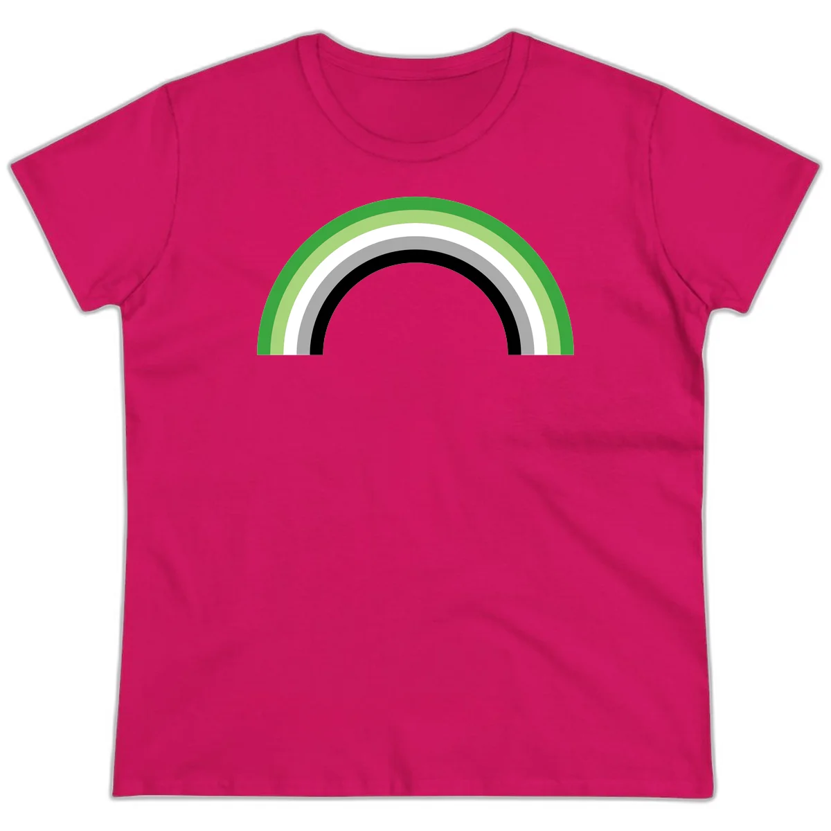 Minimalist rainbow arc design with five concentric colored semicircles in green, light green, white, gray, and black stripes in Heliconia