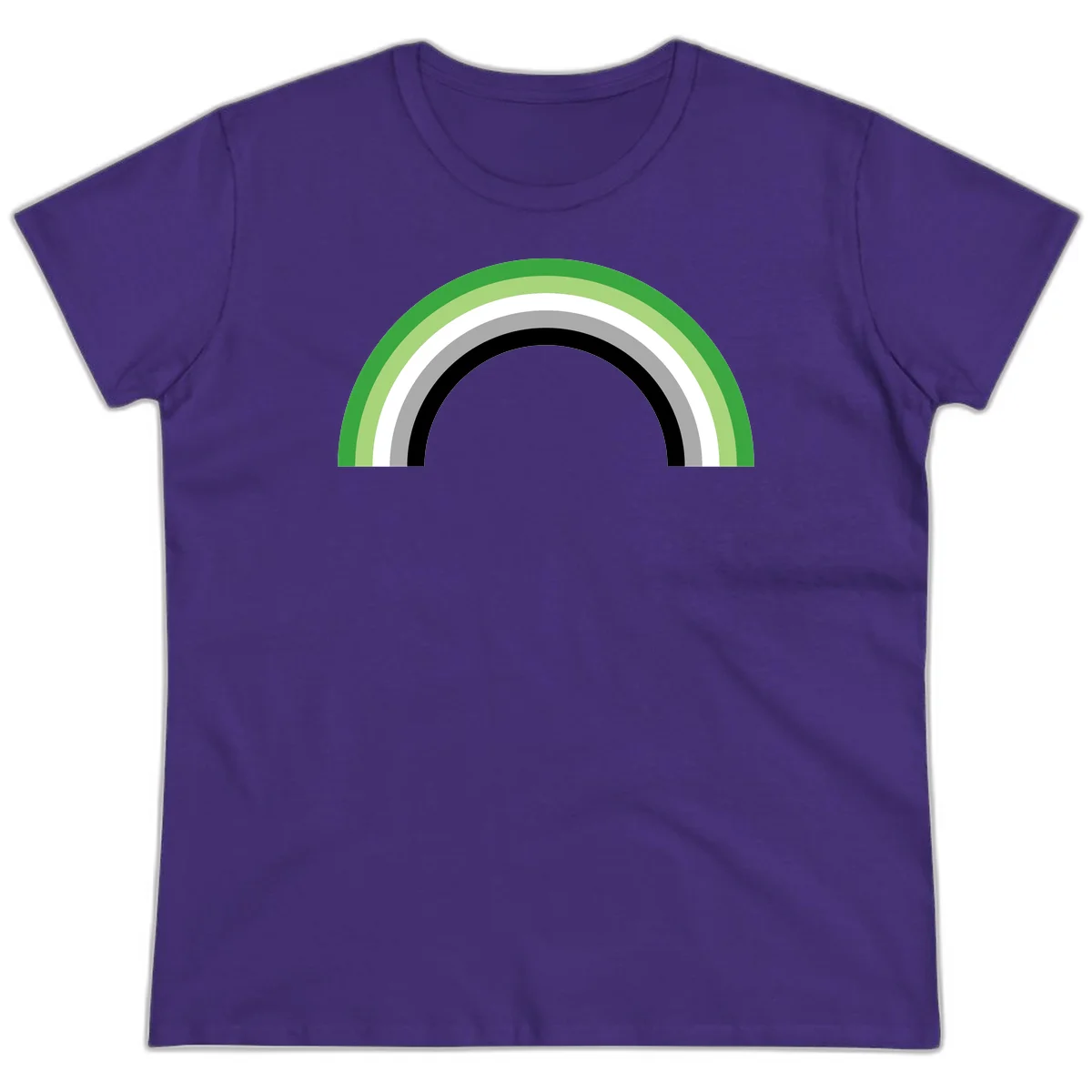 Minimalist rainbow arc design with five concentric colored semicircles in green, light green, white, gray, and black stripes in Purple