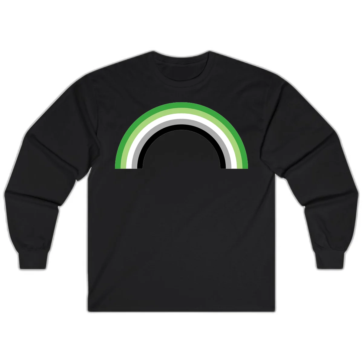 Minimalist rainbow arc design with five concentric colored semicircles in green, light green, white, gray, and black stripes in Black