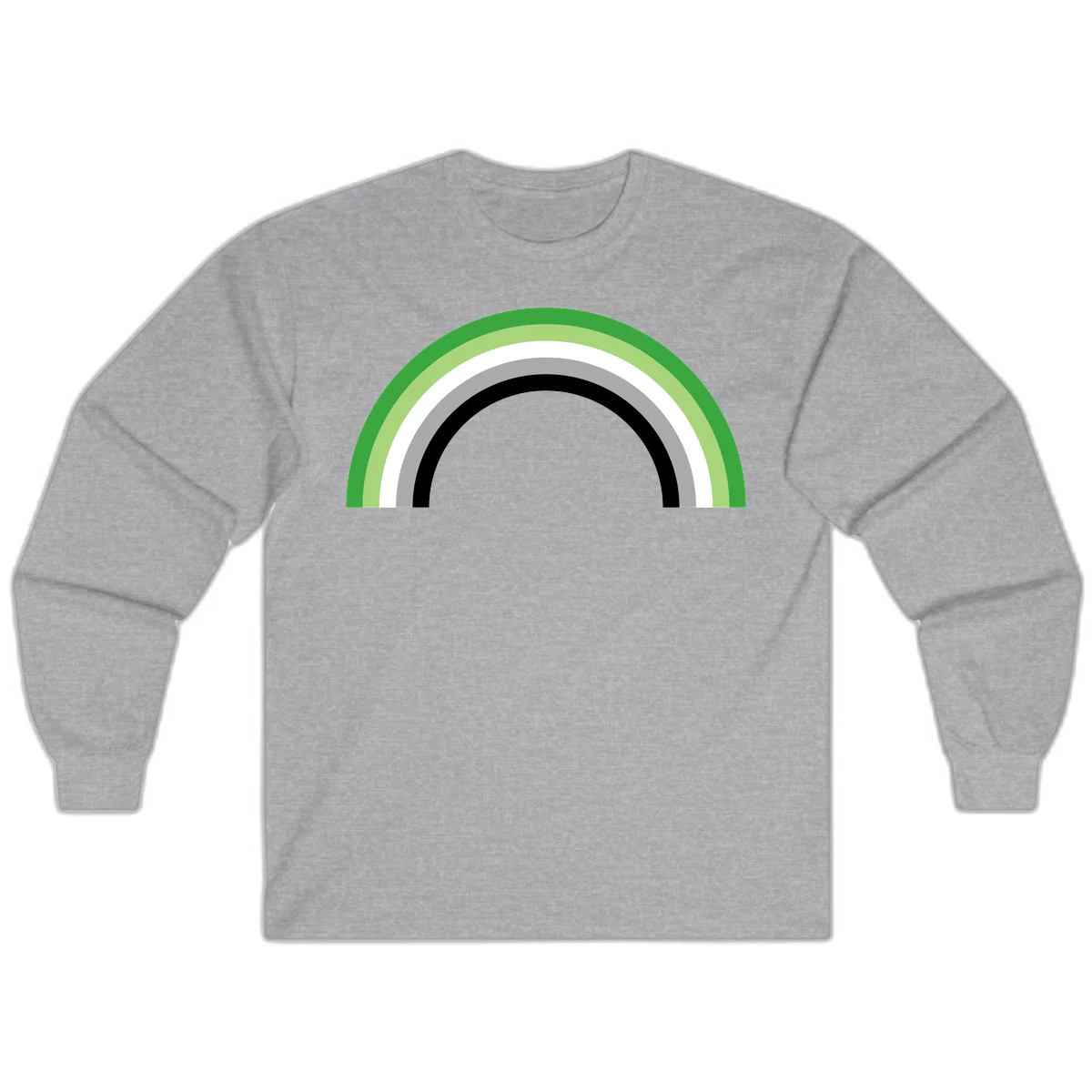Minimalist rainbow arc design with five concentric colored semicircles in green, light green, white, gray, and black stripes in Sport Grey