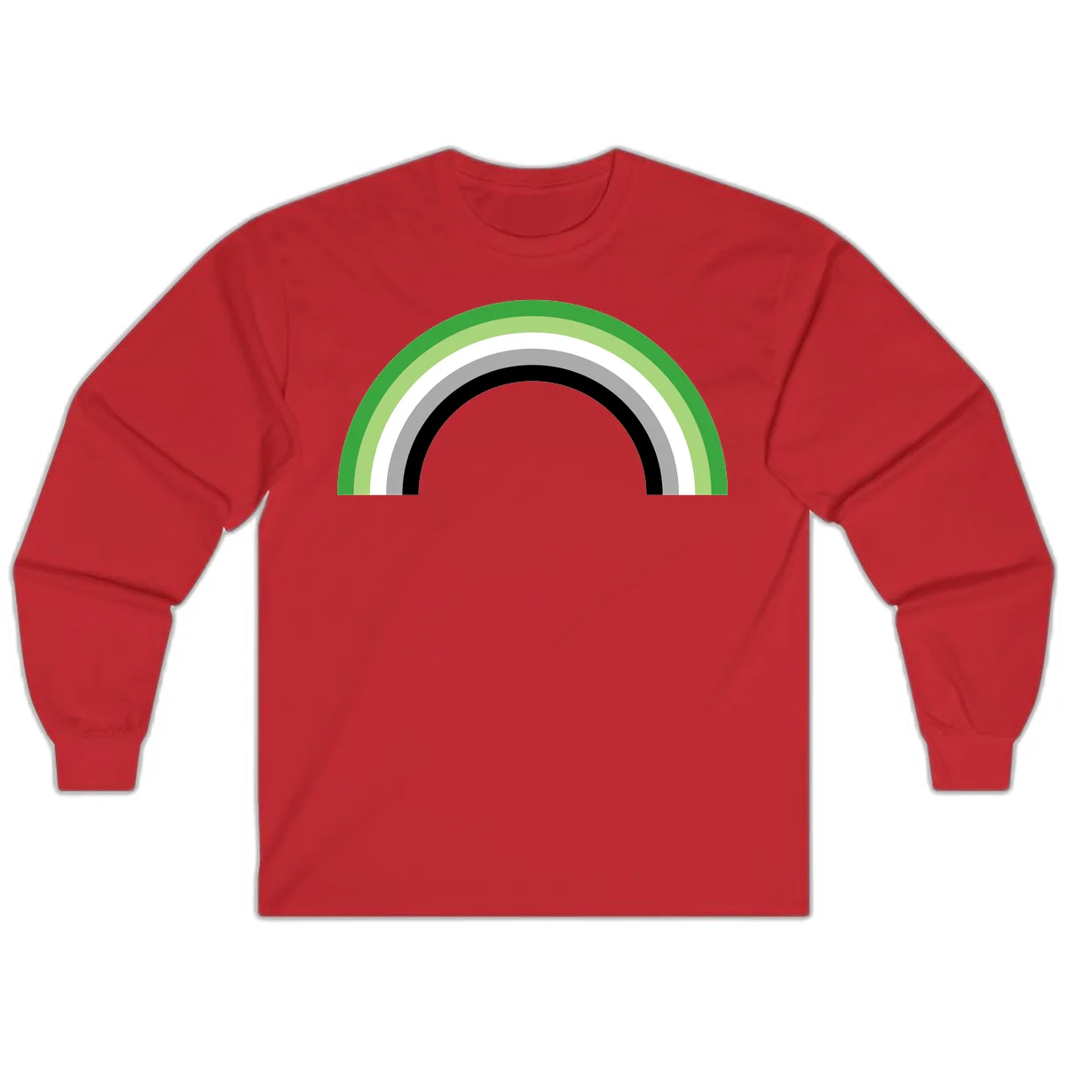 Minimalist rainbow arc design with five concentric colored semicircles in green, light green, white, gray, and black stripes in Red