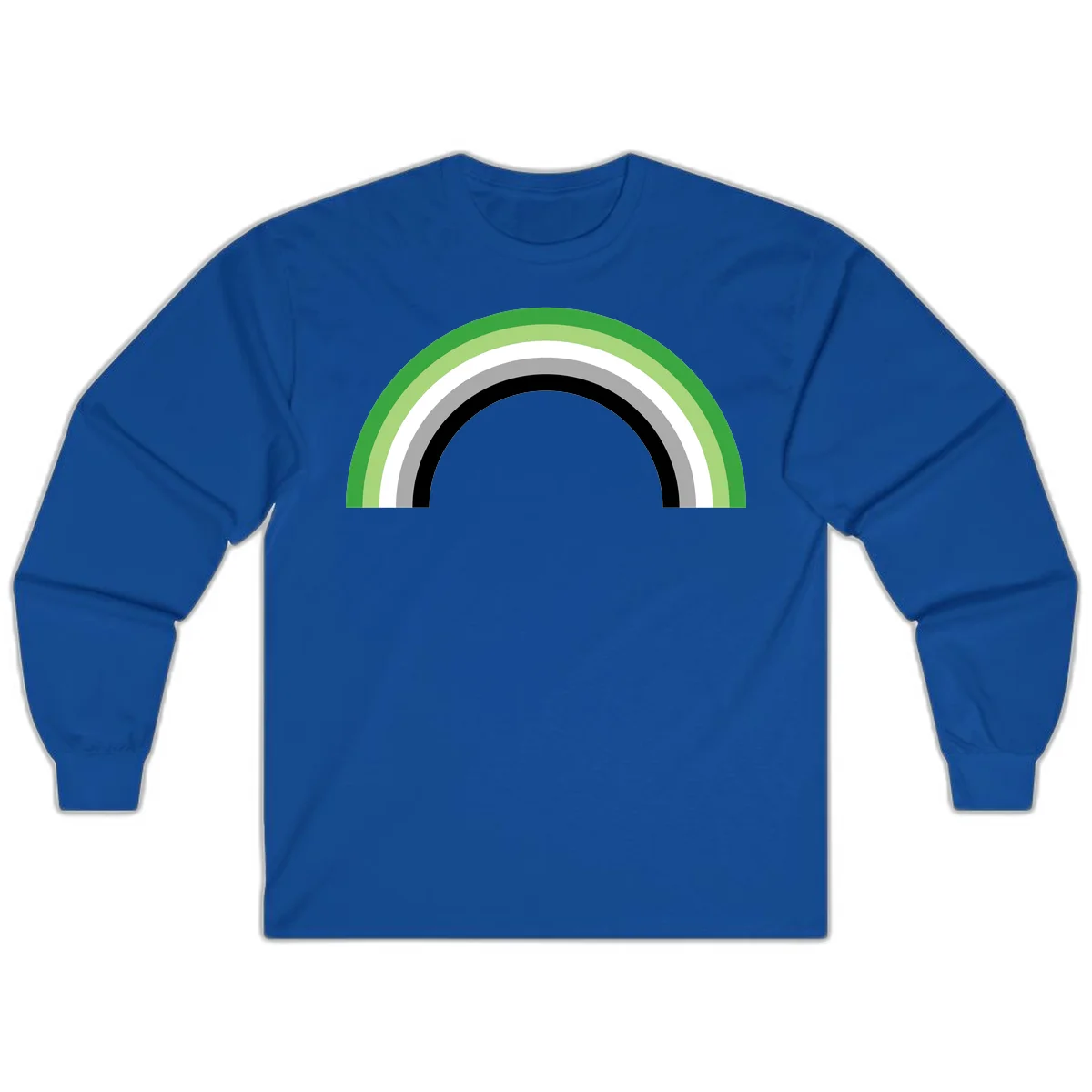Minimalist rainbow arc design with five concentric colored semicircles in green, light green, white, gray, and black stripes in Royal
