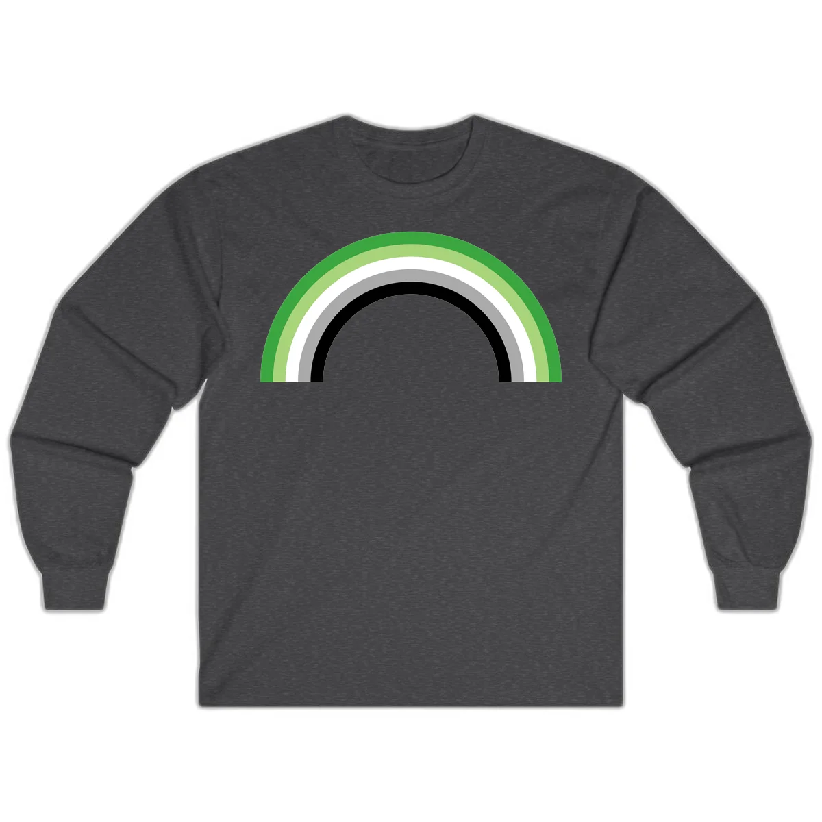 Minimalist rainbow arc design with five concentric colored semicircles in green, light green, white, gray, and black stripes in Dark Heather