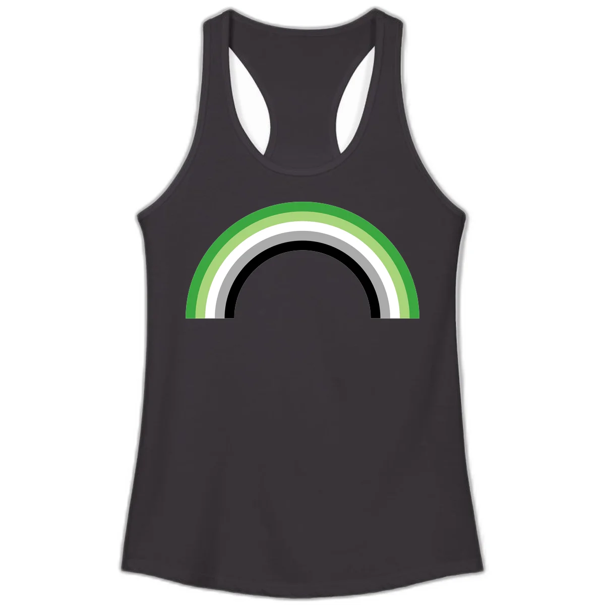 Minimalist rainbow arc design with five concentric colored semicircles in green, light green, white, gray, and black stripes in Black