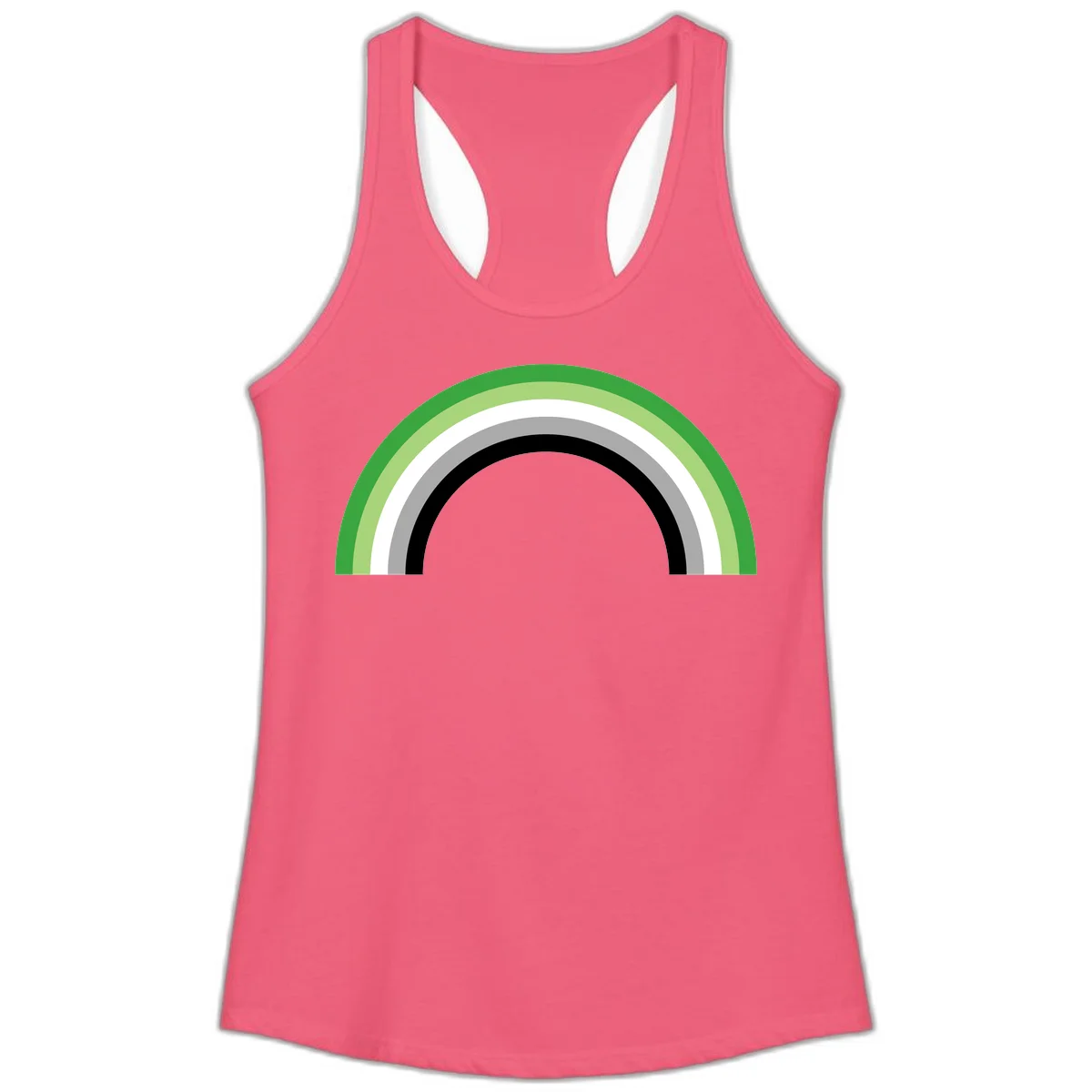 Minimalist rainbow arc design with five concentric colored semicircles in green, light green, white, gray, and black stripes in Hot Pink