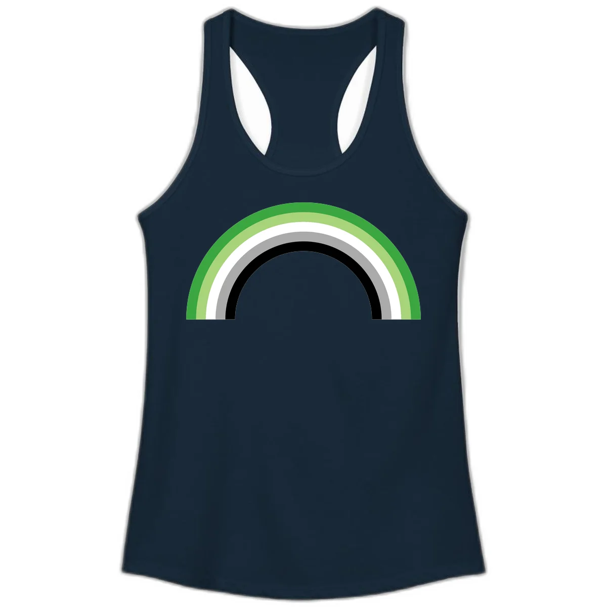Minimalist rainbow arc design with five concentric colored semicircles in green, light green, white, gray, and black stripes in Solid Midnight Navy