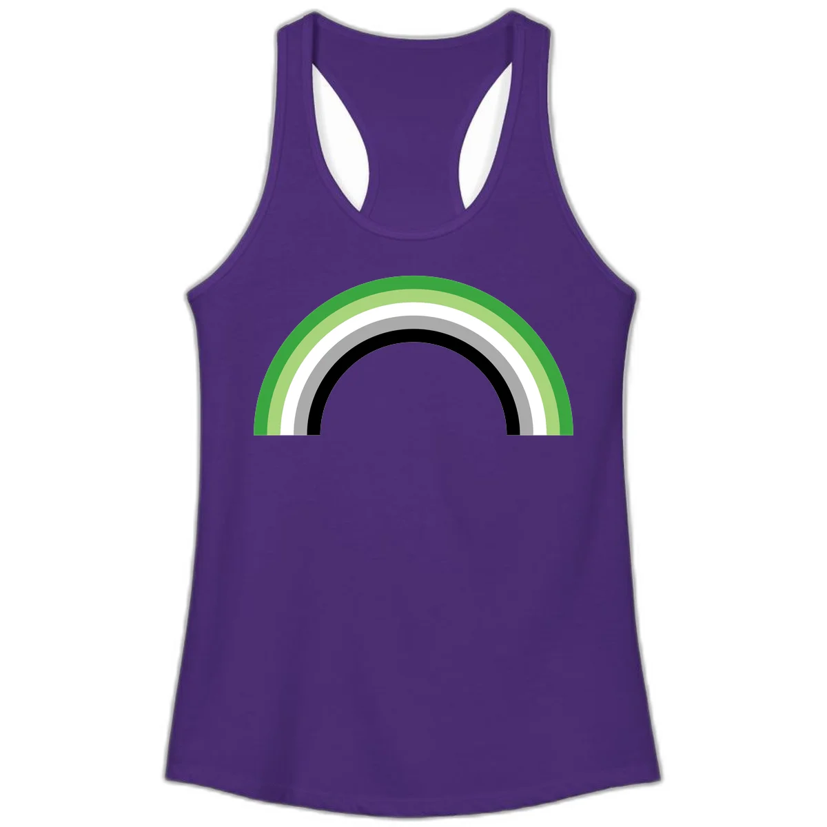 Minimalist rainbow arc design with five concentric colored semicircles in green, light green, white, gray, and black stripes in Solid Purple Rush