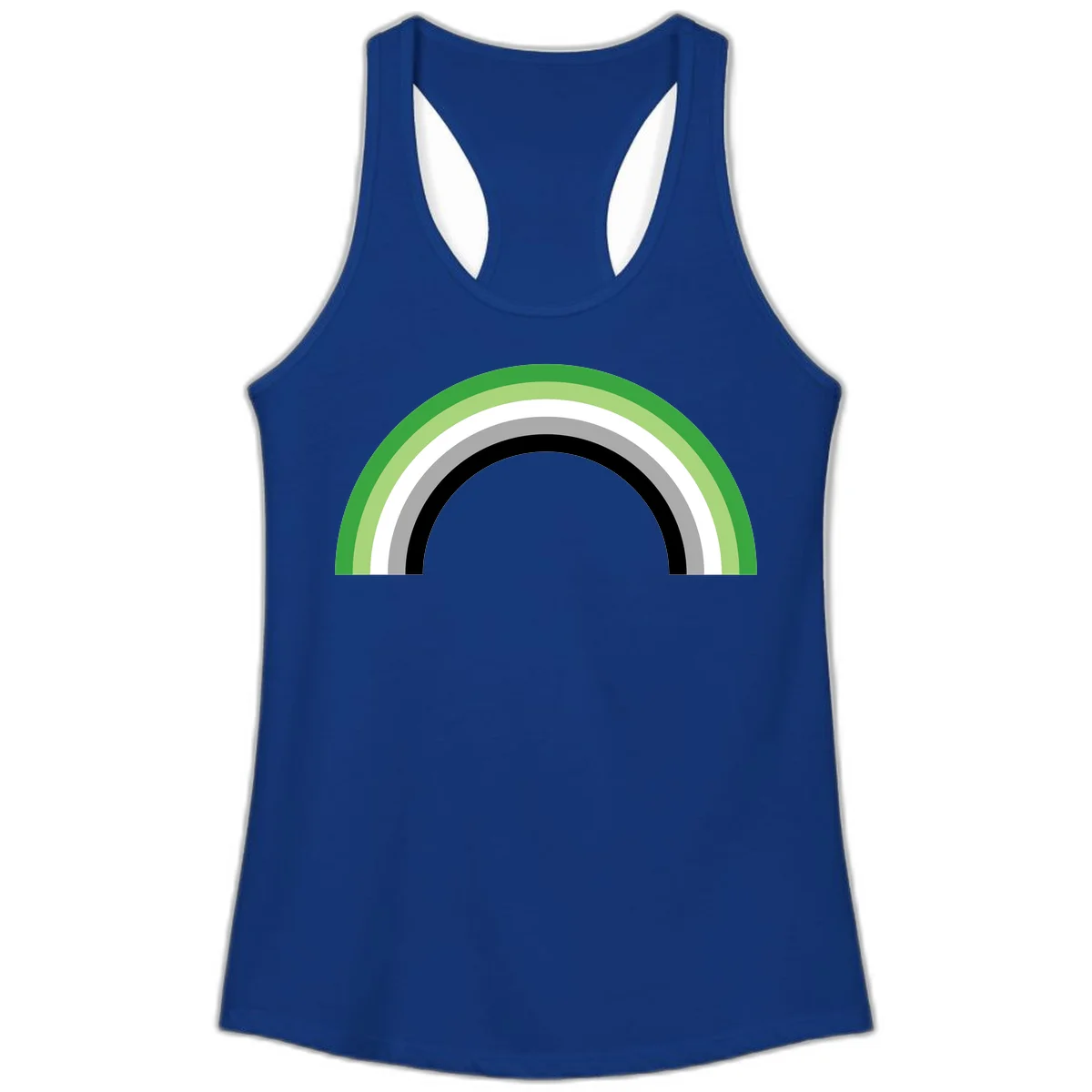 Minimalist rainbow arc design with five concentric colored semicircles in green, light green, white, gray, and black stripes in Solid Royal