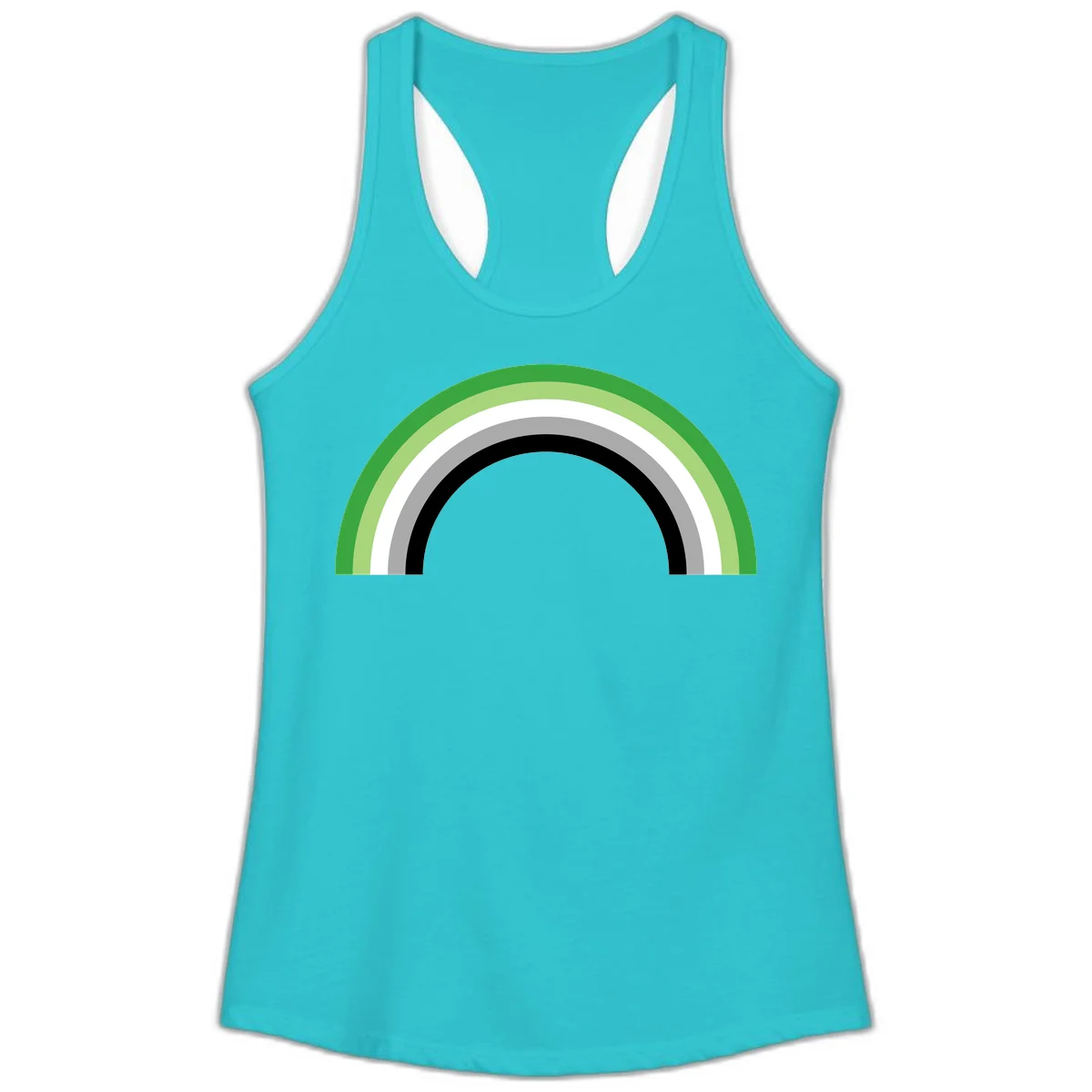 Minimalist rainbow arc design with five concentric colored semicircles in green, light green, white, gray, and black stripes in Solid Tahiti Blue
