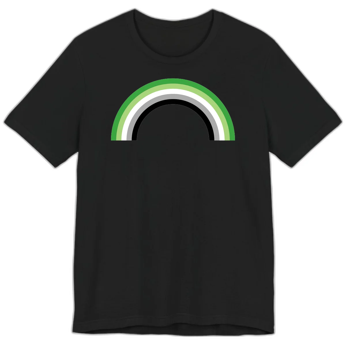 Minimalist rainbow arc design with five concentric colored semicircles in green, light green, white, gray, and black stripes in Black