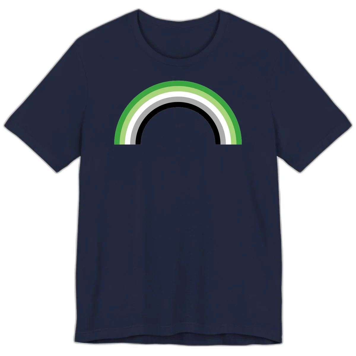 Minimalist rainbow arc design with five concentric colored semicircles in green, light green, white, gray, and black stripes in Navy