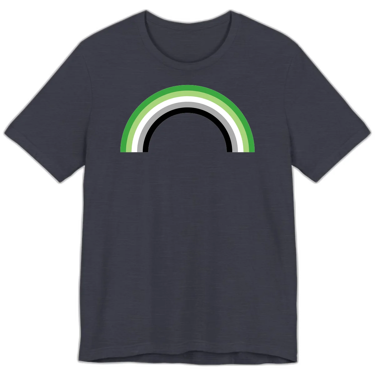 Minimalist rainbow arc design with five concentric colored semicircles in green, light green, white, gray, and black stripes in Heather Midnight Navy
