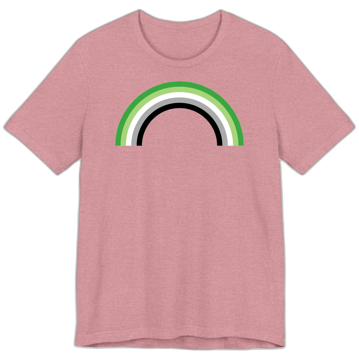 Minimalist rainbow arc design with five concentric colored semicircles in green, light green, white, gray, and black stripes in Heather Orchid
