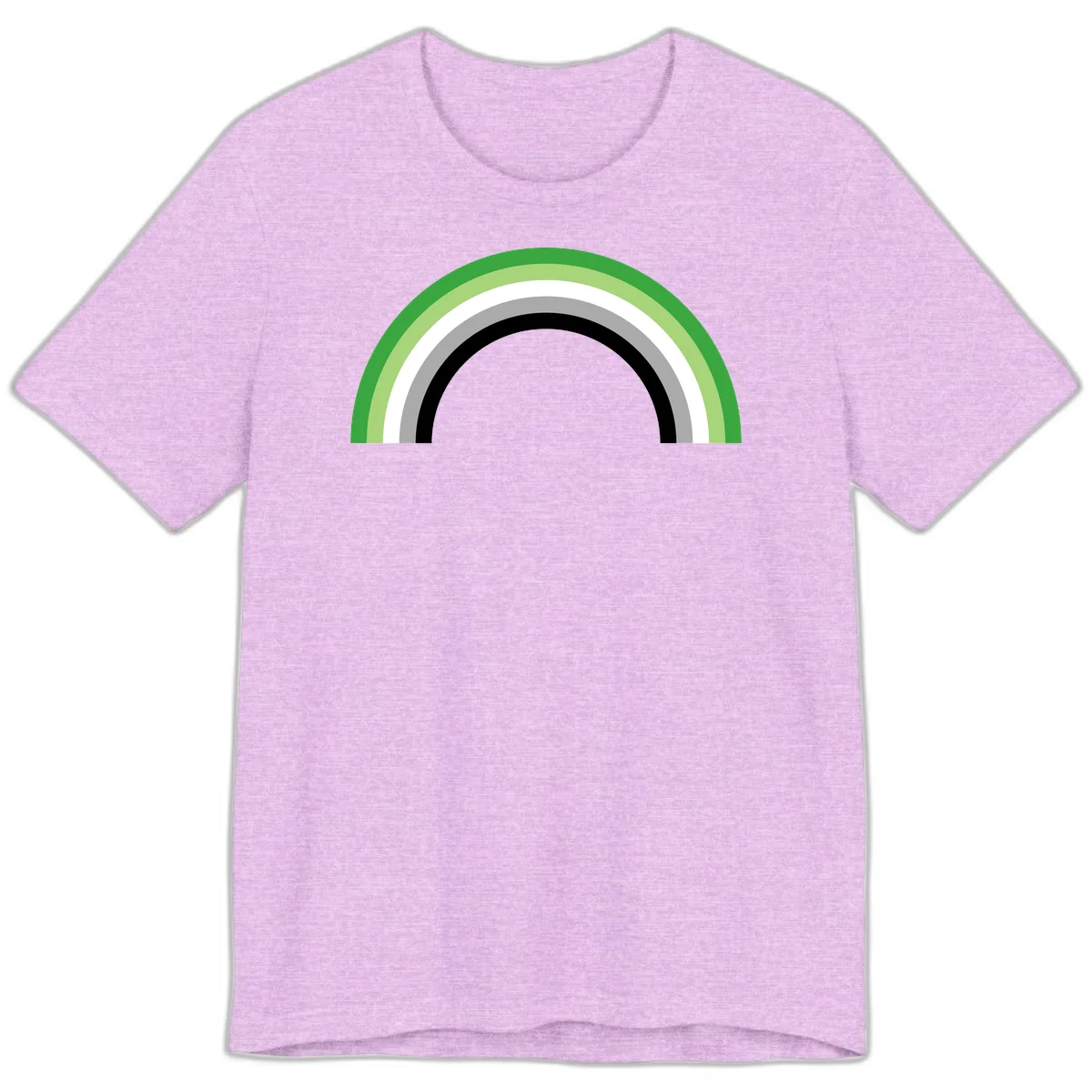 Minimalist rainbow arc design with five concentric colored semicircles in green, light green, white, gray, and black stripes in Heather Prism Lilac