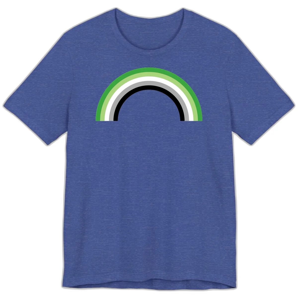 Minimalist rainbow arc design with five concentric colored semicircles in green, light green, white, gray, and black stripes in Heather True Royal
