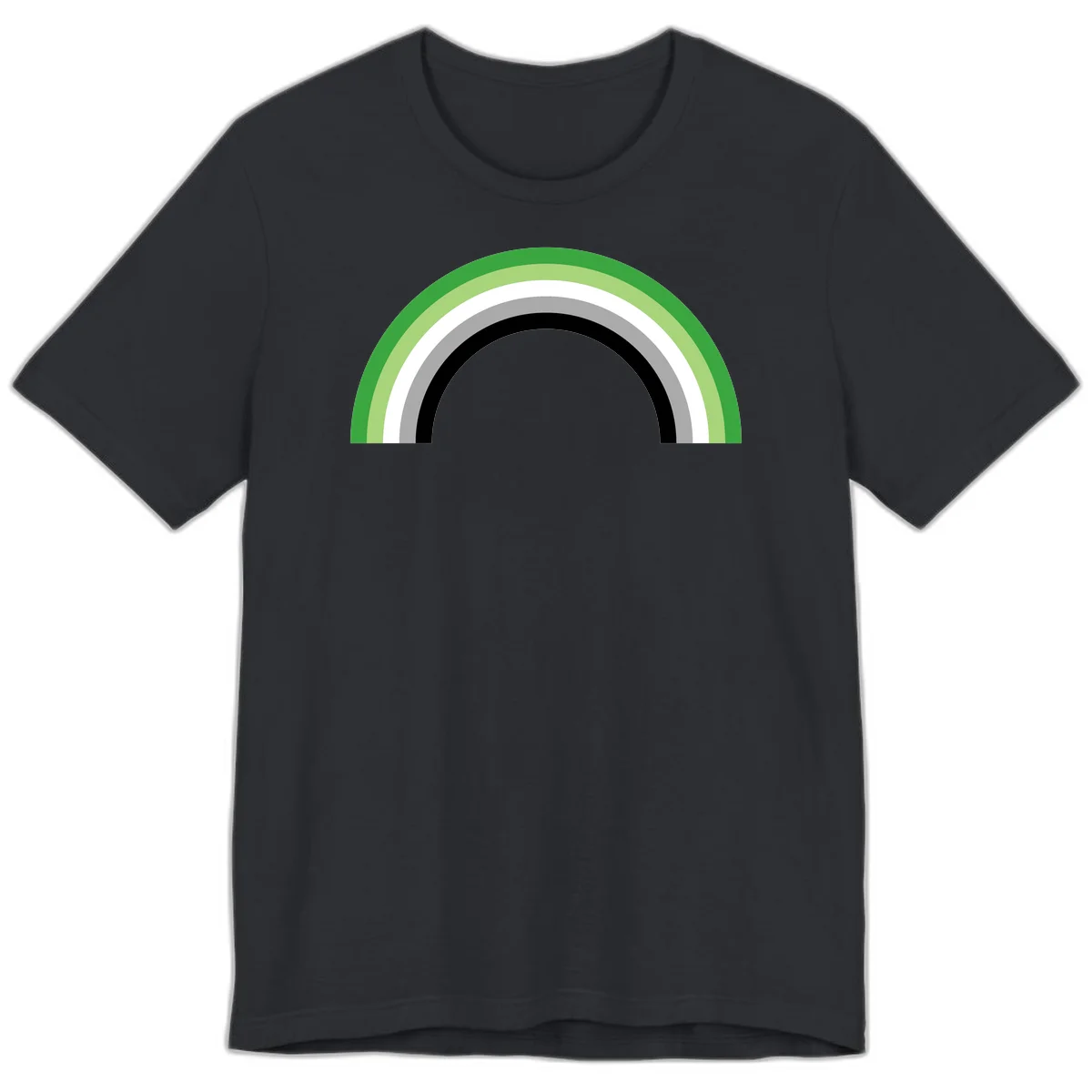 Minimalist rainbow arc design with five concentric colored semicircles in green, light green, white, gray, and black stripes in Vintage Black