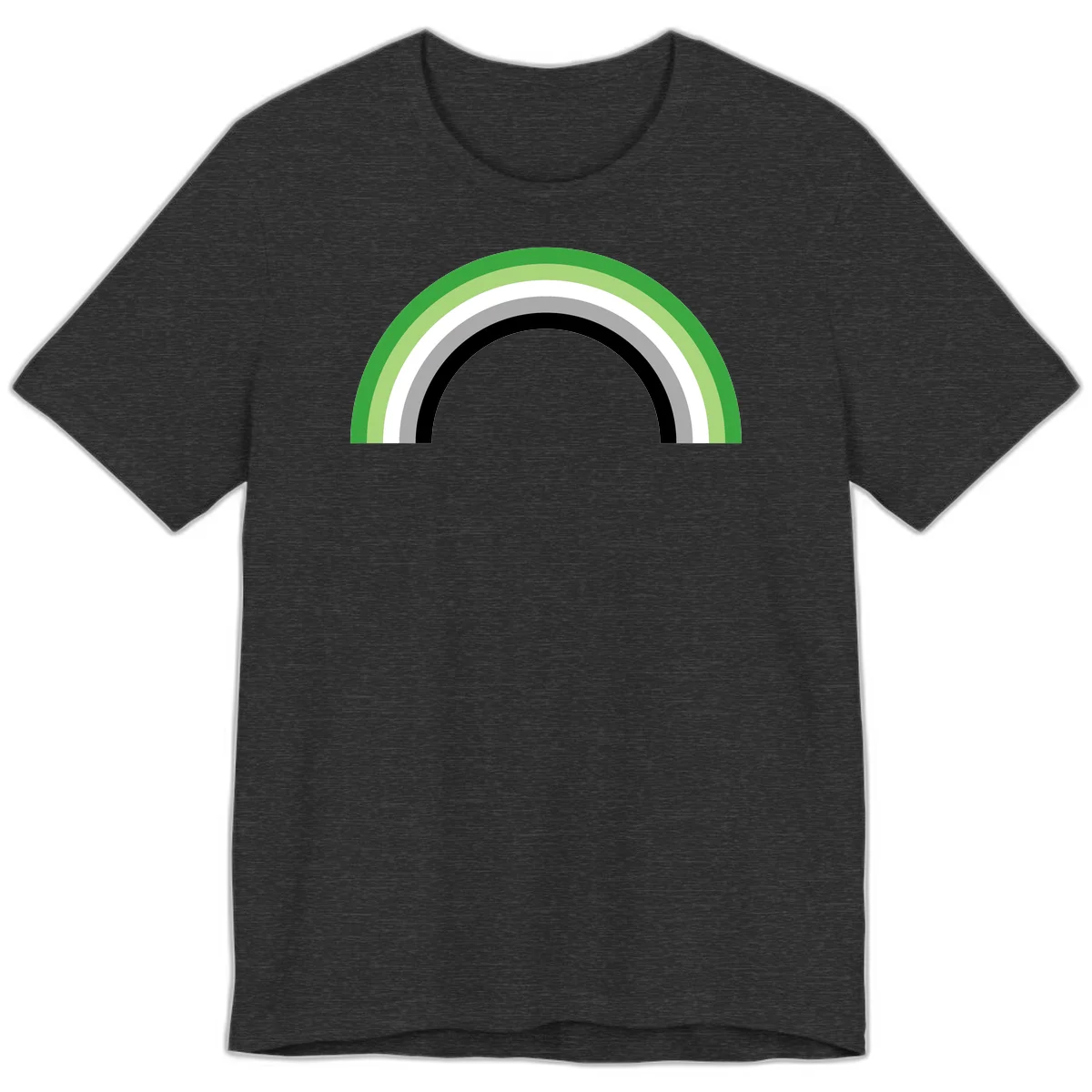 Minimalist rainbow arc design with five concentric colored semicircles in green, light green, white, gray, and black stripes in Dark Grey Heather