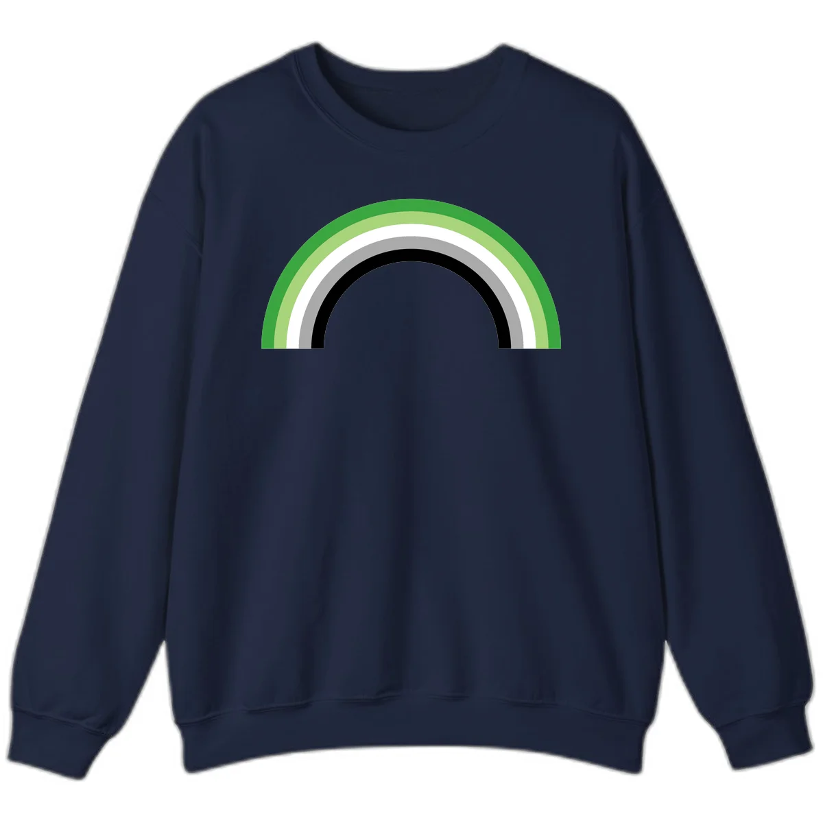 Minimalist rainbow arc design with five concentric colored semicircles in green, light green, white, gray, and black stripes in Navy