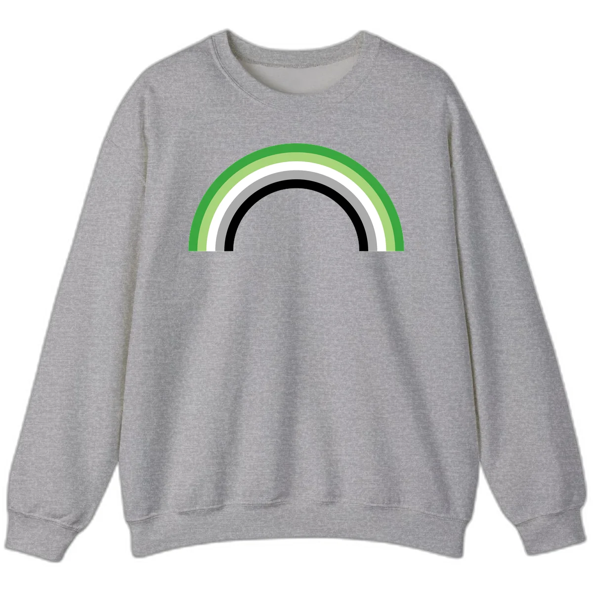 Minimalist rainbow arc design with five concentric colored semicircles in green, light green, white, gray, and black stripes in Sport Grey