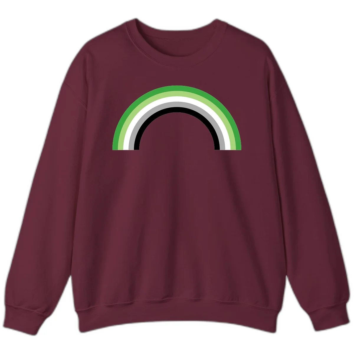 Minimalist rainbow arc design with five concentric colored semicircles in green, light green, white, gray, and black stripes in Maroon