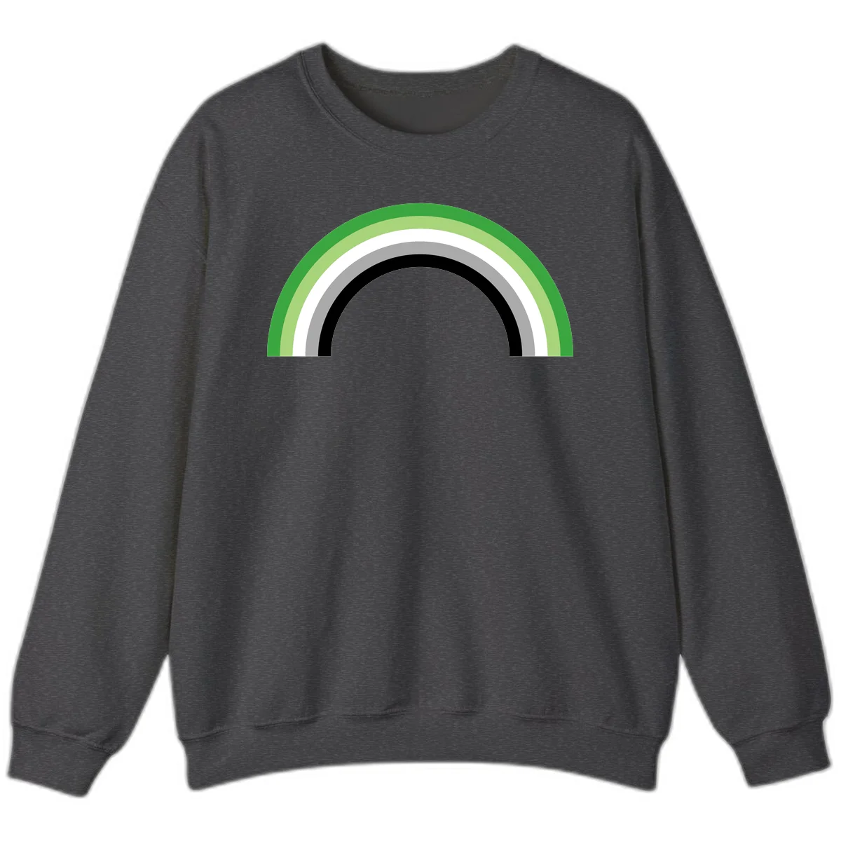 Minimalist rainbow arc design with five concentric colored semicircles in green, light green, white, gray, and black stripes in Dark Heather