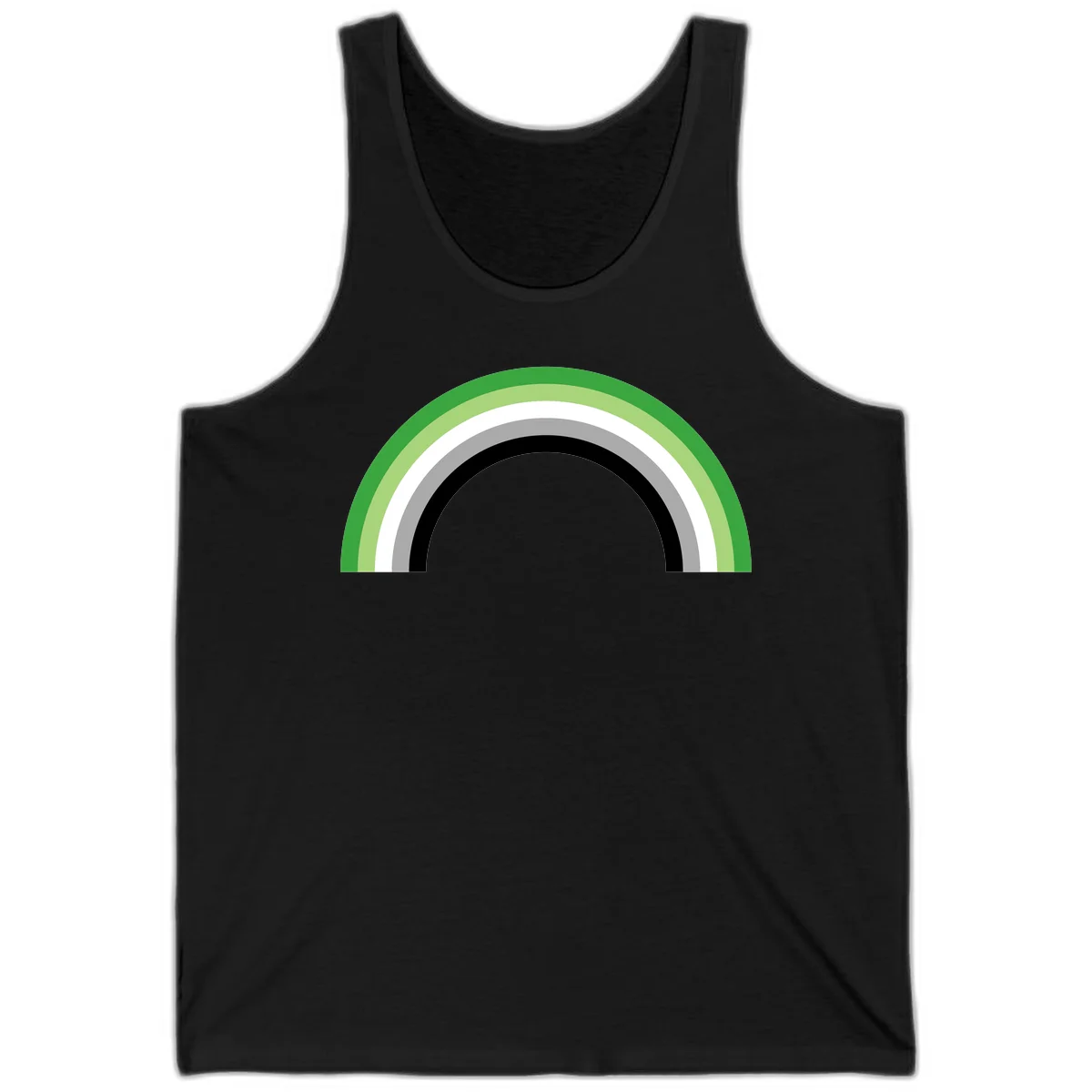 Minimalist rainbow arc design with five concentric colored semicircles in green, light green, white, gray, and black stripes in Black