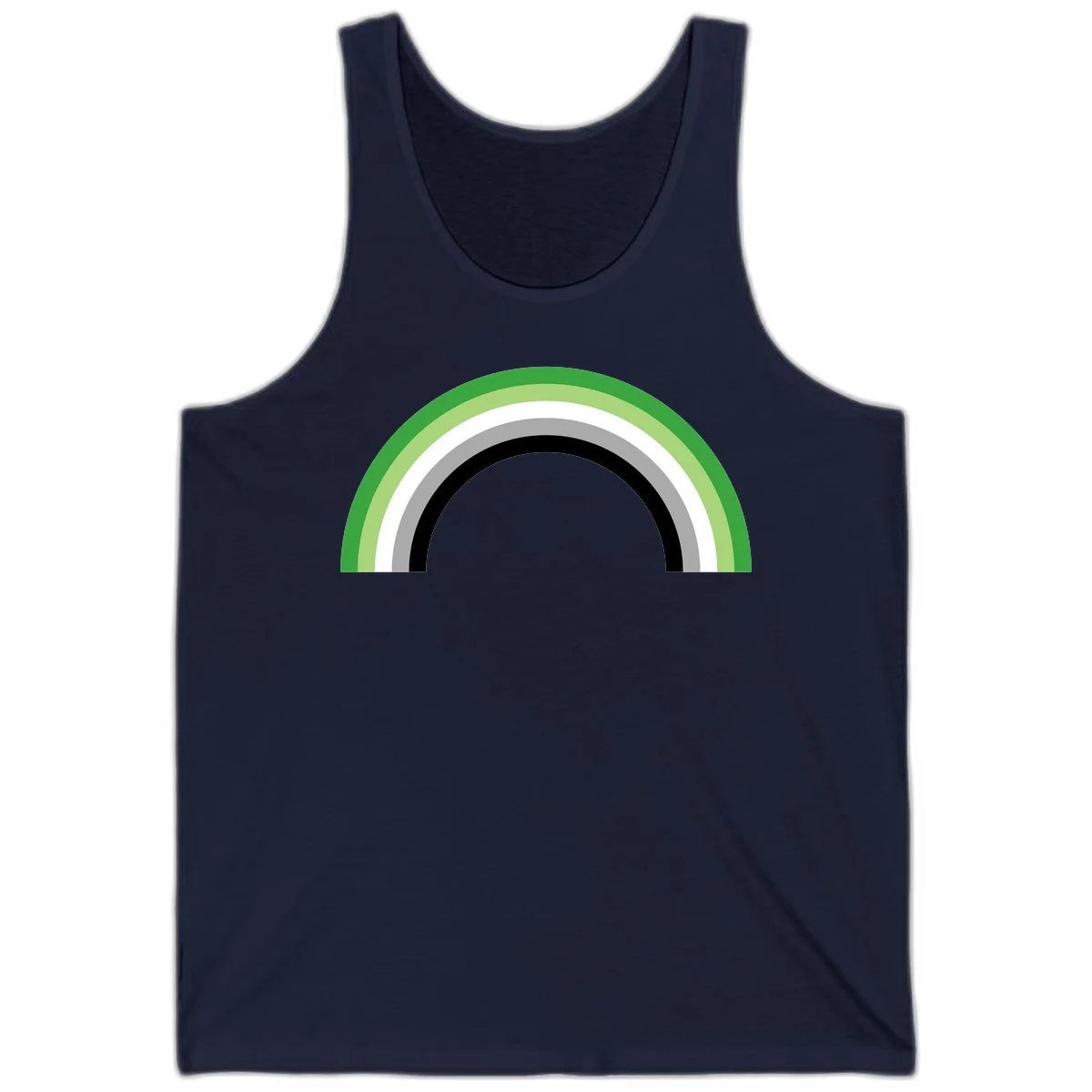 Minimalist rainbow arc design with five concentric colored semicircles in green, light green, white, gray, and black stripes in Navy