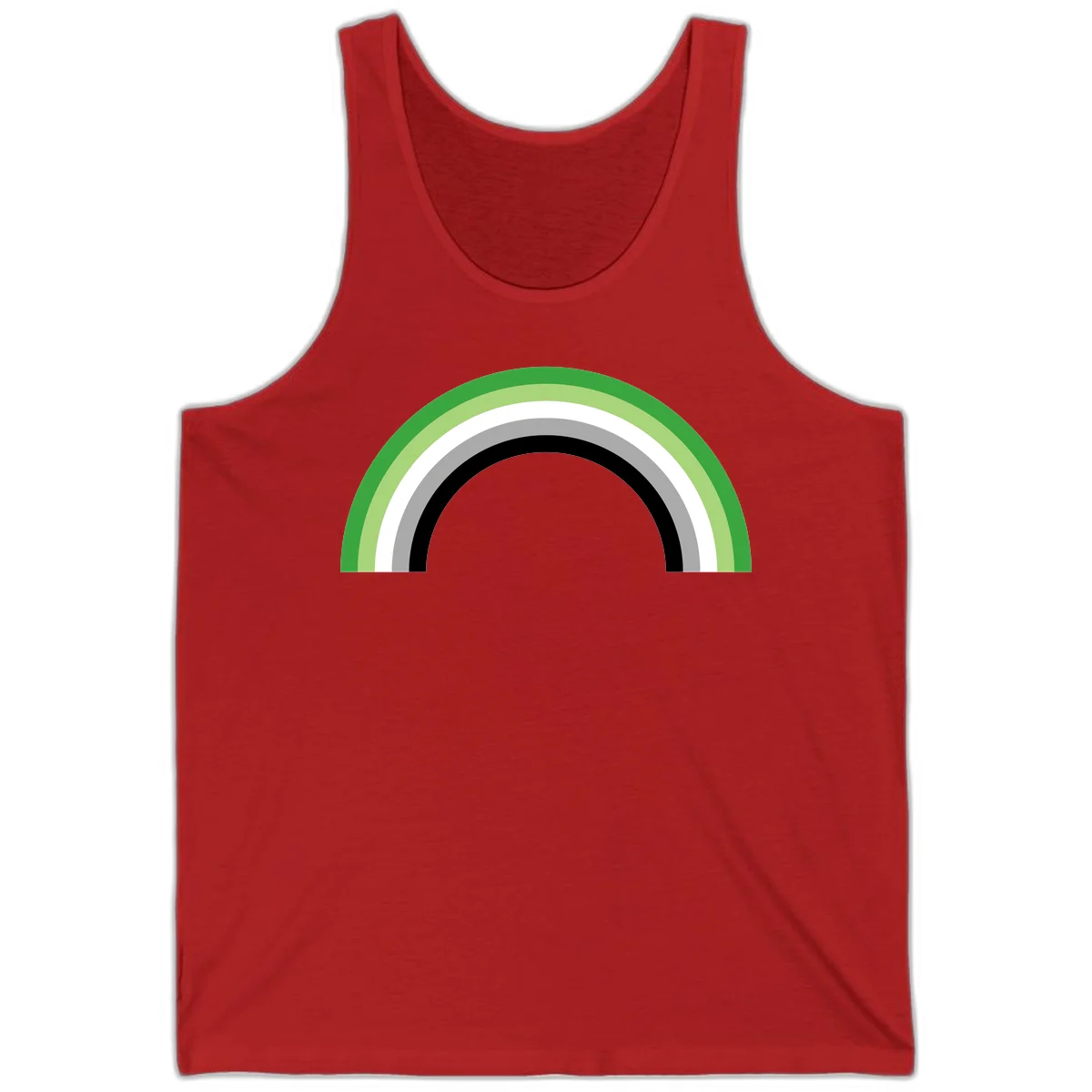 Minimalist rainbow arc design with five concentric colored semicircles in green, light green, white, gray, and black stripes in Red
