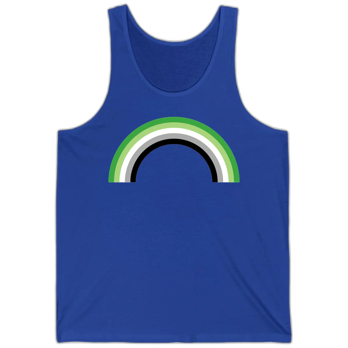 Minimalist rainbow arc design with five concentric colored semicircles in green, light green, white, gray, and black stripes in True Royal